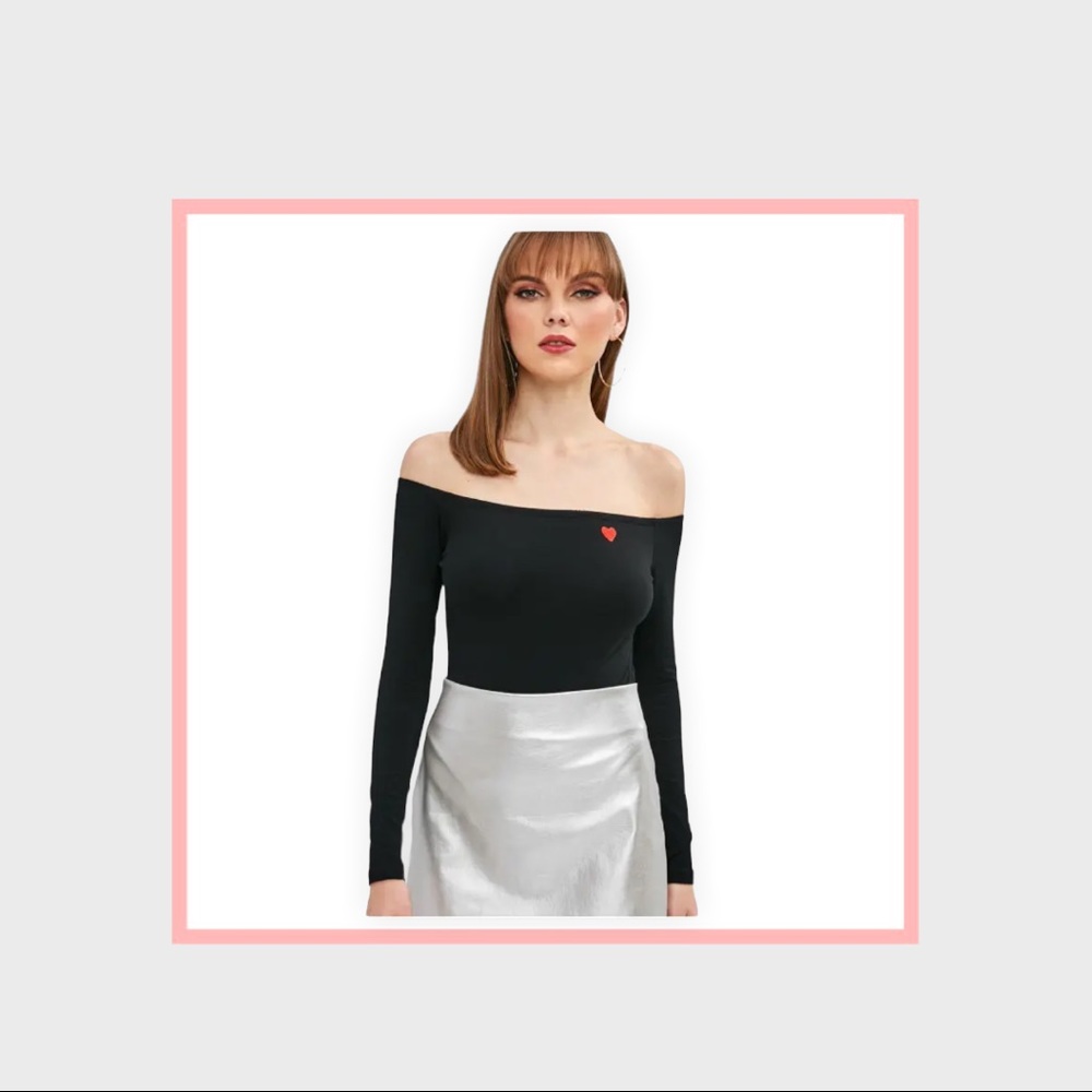 Off shoulder high cut black bodysuit with heart